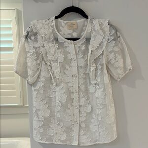 Sezane White Ruffled Floral Blouse